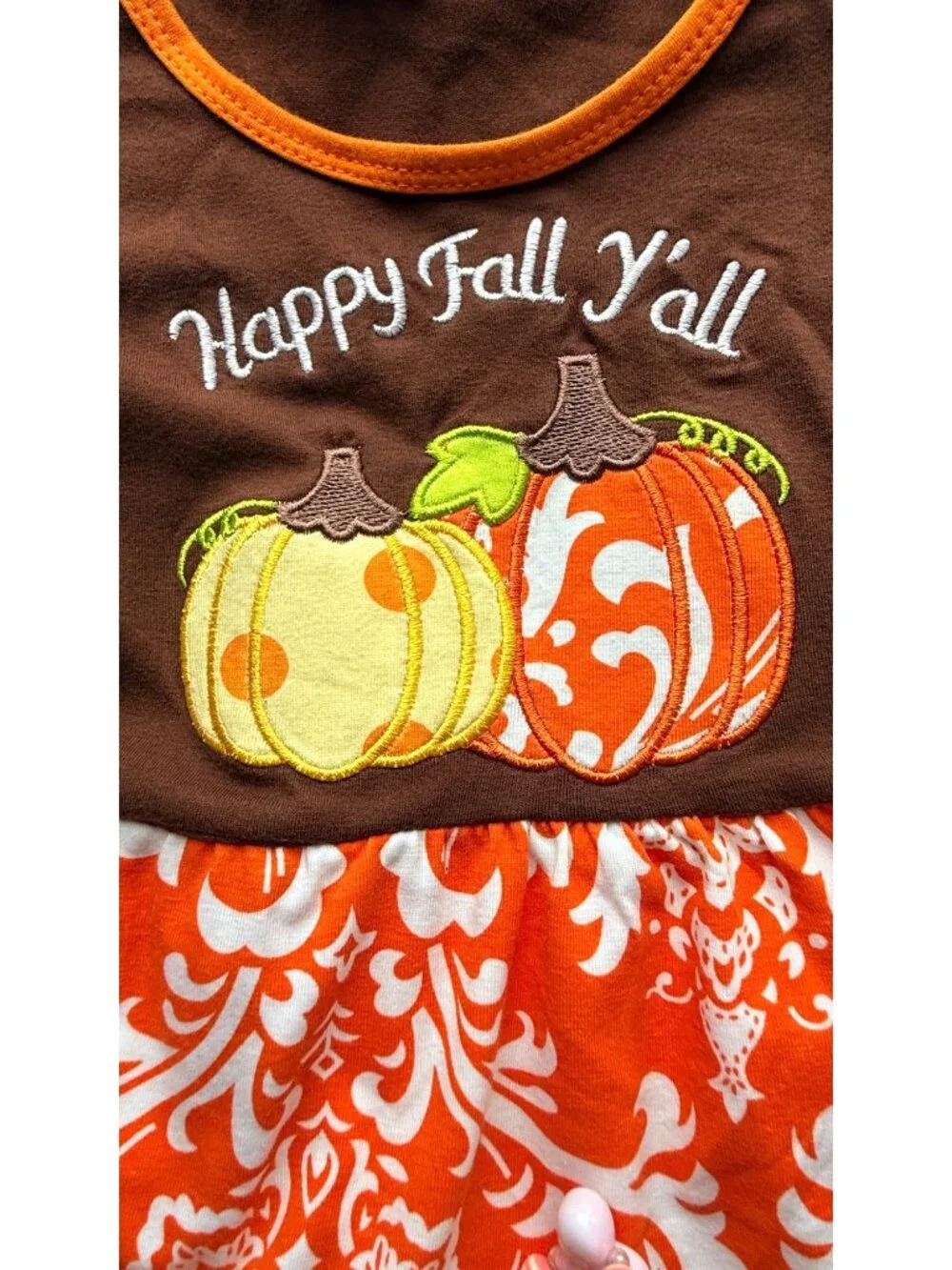 Happy Fall Yall Girls XL/4T Pumpkin Outfit Brown Orange Polka Dot Ruffle Set